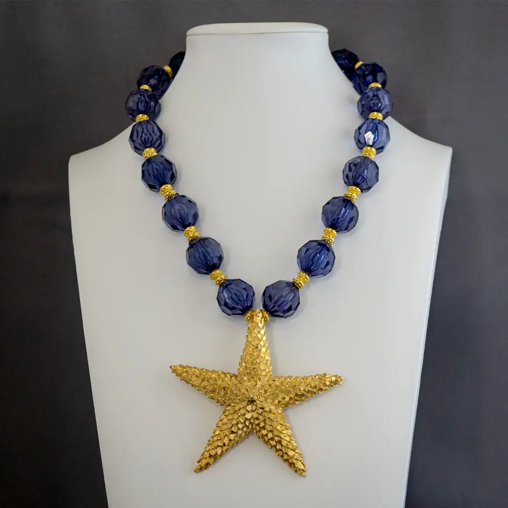 bold vintage statement necklace centers on a 3.25-inch, 5-point, star shaped textured gold-tone pendant.