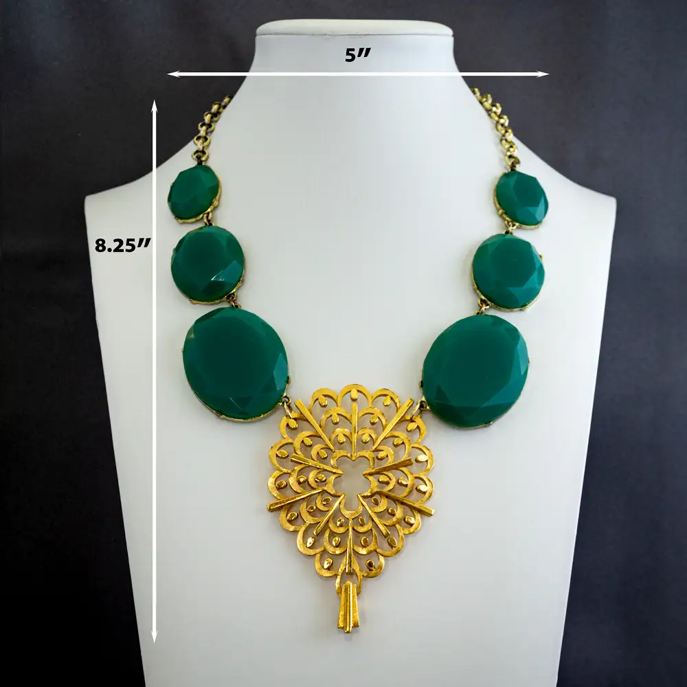 Dimensions of a elegant vintage necklace features graduated green chalcedony stones set in subtle gold tone settings,