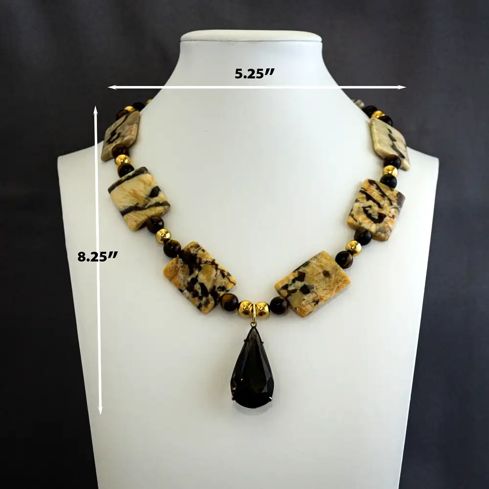 Dimensions of a vintage 18-inch necklace features smooth square and 1" x 1.25" rectangular jasper stones