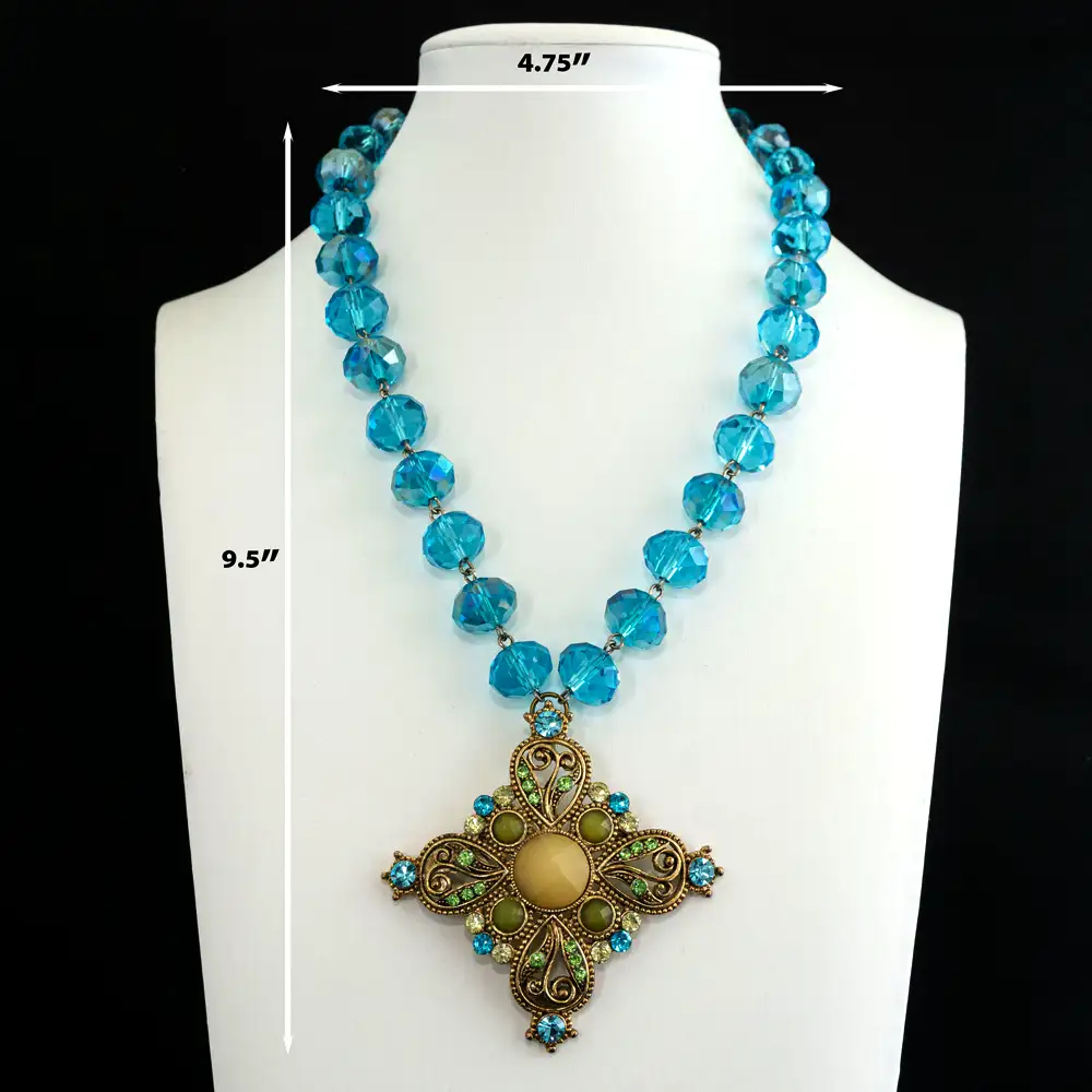 Description of a handcrafted vintage statement piece with stunning 14mm hand-wired turquoise crystal stones