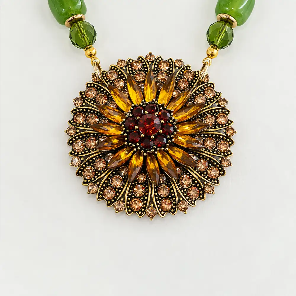 vintage necklace with a Large rectangular green glass stones pair seamlessly with 9mm faceted green glass beads, separated by warm gold-tone spacers for dynamic texture.