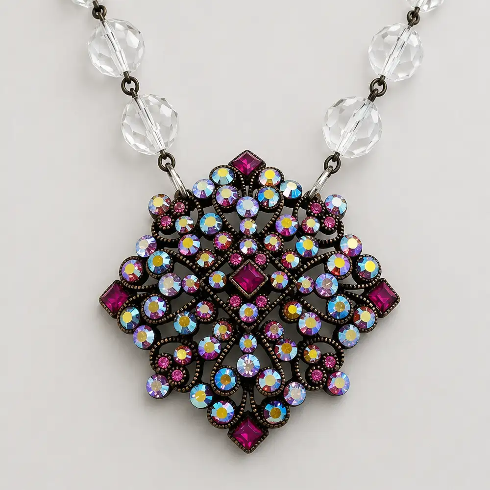 Closeup of a vintage 15.5-inch necklace features a signed Joan Rivers filigree pendant set with mesmerizing pink and purple aurora borealis rhinestones that catch the light with brilliant color.