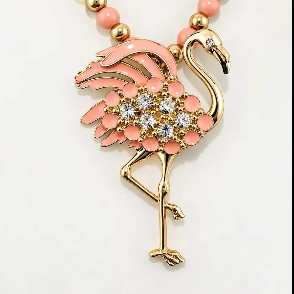 Dimension of a playful necklace features soft peach coral round beads strung with polished gold-tone accent beads.